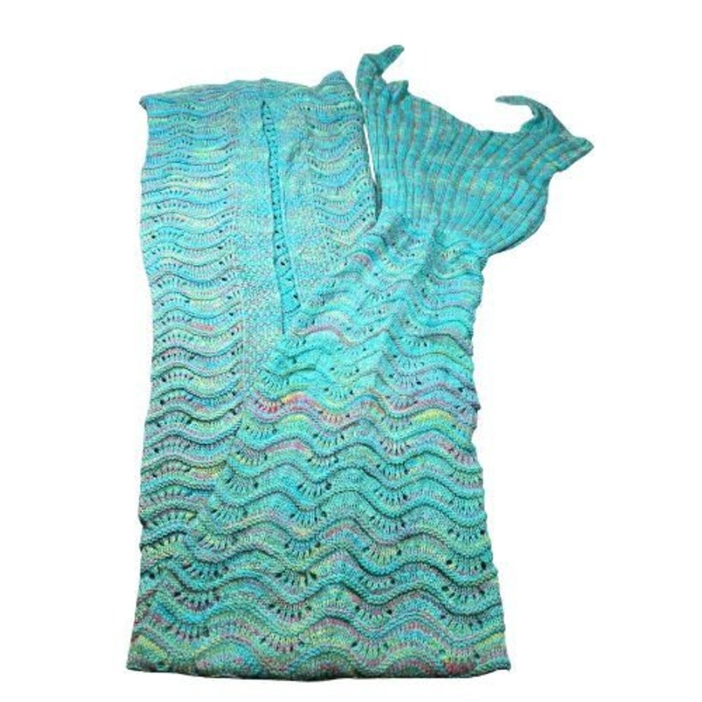 Mermaid‎ Tail Blanket Knit Crochet Turquoise Wave Pattern Cocoon Throw Afghan